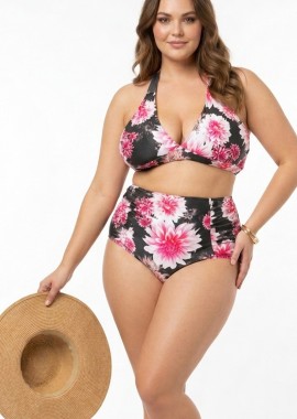 - Floral bikini-top με δέσιμο στο λαιμό σε μαύρο/ροζ χρώμα