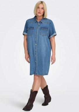 - Midi jean φόρεμα με ρεβέρ στα μανίκια και τσέπες σε denim blue χρώμα plus size