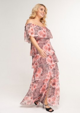 - Maxi φόρεμα με βολάν σε εμπριμέ σομόν χρώμα plus size