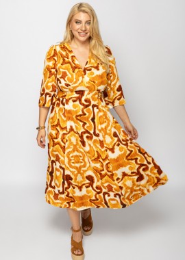 - Φόρεμα εμπριμέ V με δέσιμο σε χρώμα εκάι plus size