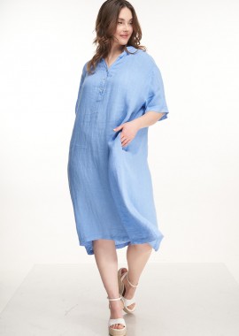 - Φόρεμα λινό με τσέπες σε γαλάζιο χρώμα plus size