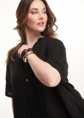 - Φόρεμα λινό με τσέπες σε μαύρο χρώμα plus size