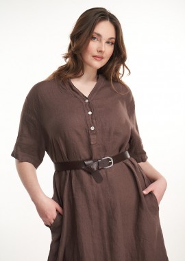 - Φόρεμα λινό με τσέπες σε σοκολά χρώμα plus size