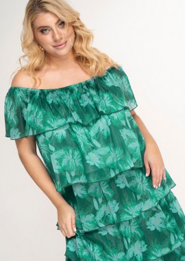 - Midi φόρεμα με βολάν σε πράσινο χρώμα plus size