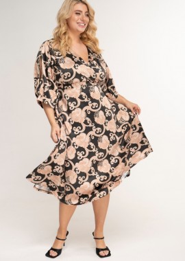- Midi σατέν φόρεμα σε μπεζ/μαύρο χρώμα plus size