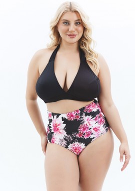 - Ψηλόμεσο floral bikini-slip με σούρες σε μαύρο/ροζ χρώμα