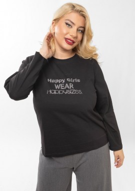 - Μπλούζα με στρας τύπωμα Happy Girls σε μαύρο χρώμα