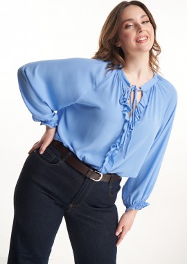 - Μπλούζα με βολάν και δέσιμο σε σιελ χρώμα plus size