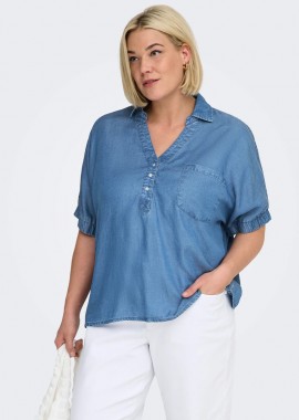 - Μπλούζα tencel με τσέπη σε denim light blue χρώμα plus size