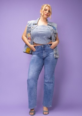 - Μπούστο jean με στρας σε denim light blue χρώμα plus size
