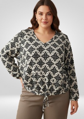 - Πλεκτή μπλούζα με κορδόνι στο τελείωμα σε εκρού/μαύρο χρώμα