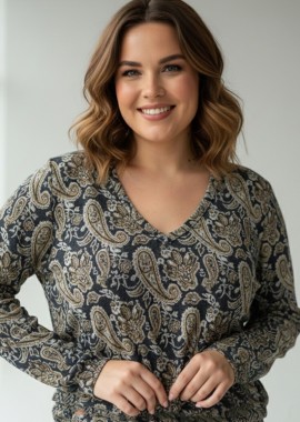 - Πλεκτή μπλούζα με κορδόνι στο τελείωμα σε καφέ/μαύρο χρώμα