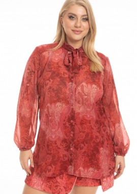 - Πουκάμισο plus size με γραβάτα σε εμπριμέ κόκκινο χρώμα