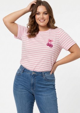 - T-shirt plus size ριγέ με τύπωμα cherry σε ροζ/λευκό χρώμα