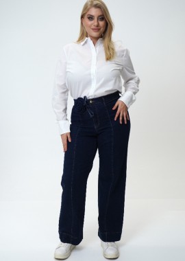 - Wide leg τζιν με ζώνη λουλούδι σε dark denim blue χρώμα