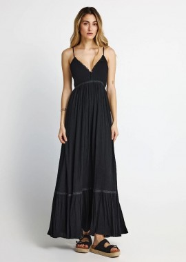 Funky Buddha - Funky Buddha Γυναικείο Maxi Φόρεμα με Λεπτές Τιράντες FBL013-102-13 Μαύρο