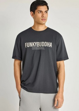 Funky Buddha - Funky Buddha Ανδρικό relaxed t-shirt με τύπωμα από βαμβάκι FBM013-032-04 Ανθρακί