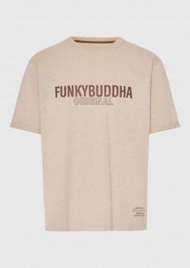 Funky Buddha - Funky Buddha Ανδρικό relaxed t-shirt με τύπωμα από βαμβάκι FBM013-032-04 Μπέζ
