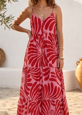 Funky Buddha - Funky Buddha Γυναικείο εμπριμέ μάξι boho φόρεμα από βαμβάκι FBL013-127-13 Rose