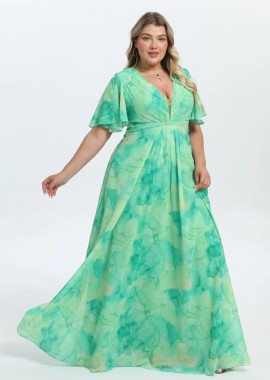 PerfectDress.gr - plus size maxi αέρινο εμπριμέ φόρεμα Watercolor πράσινο