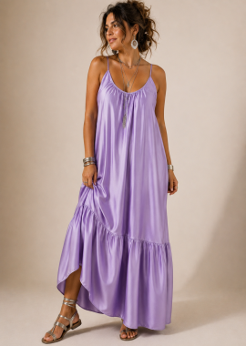 PerfectDress.gr - boho chic σατέν maxi φόρεμα με βολάν Luna λιλά