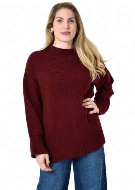 Potre OR - Oversized Πλεκτή Μπλούζα με Στρογγυλή Λαιμόκοψη & Ριμπ Λεπτομέρειες Μπορντώ 27298