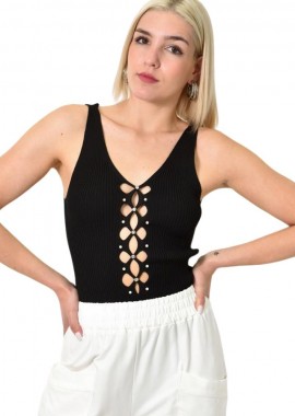 Potre OR - Πλεκτό τοπ με άνοιγμα και στρας Μαύρο 23730