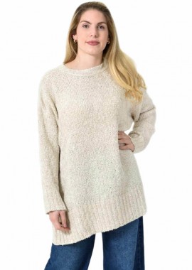 Potre OR - Oversized Πλεκτή Μπλούζα με Στρογγυλή Λαιμόκοψη & Ριμπ Λεπτομέρειες Εκρού 27291