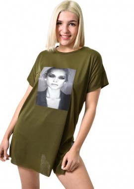 First Woman - Μπλούζα μονόχρωμη με ανοίγματα και στάμπα Χακί 23641