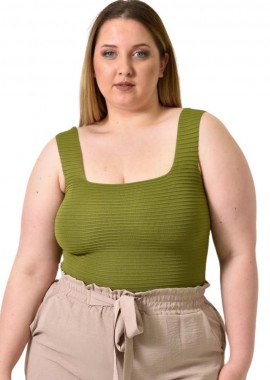 Potre OR - Γυναικείο Plus Size τοπ αμάνικο με ανάγλυφο σχέδιο Λαδί 24388