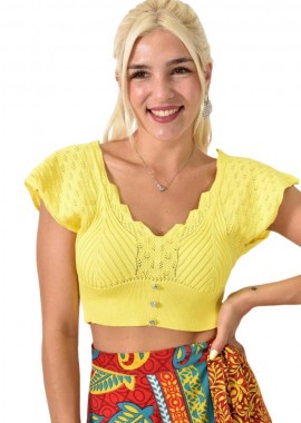 Potre OR - Πλεκτό κροπ Τοπ με κουμπιά και κοντά μανίκια Κίτρινο 25267