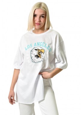 First Woman - Μπλούζα μονόχρωμη με ανοίγματα και στάμπα Λευκό 23683