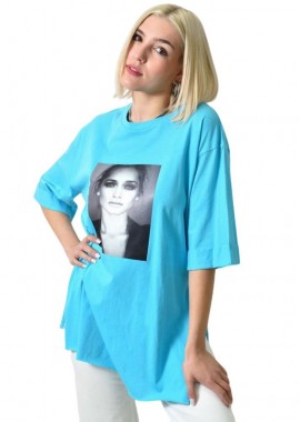 First Woman - Μπλούζα μονόχρωμη με ανοίγματα και στάμπα Γαλάζιο 23667