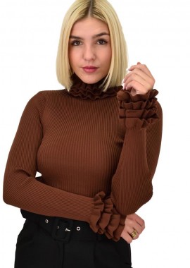 Potre OR - Γυναικείο τοπ με σχέδιο στο λαιμό και στα μανίκια Καφέ 22235