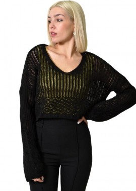 Potre OR - Γυναικεία πλεκτή μπλούζα με διάτρητο σχέδιο Μαύρο 23790