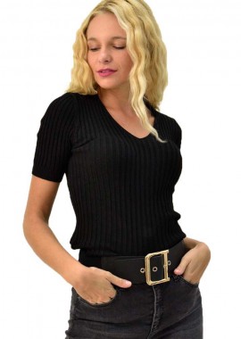 Potre OR - Κοντομάνικη πλεκτή μπλούζα ριπ με λαιμόκοψη V Μαύρο 3943