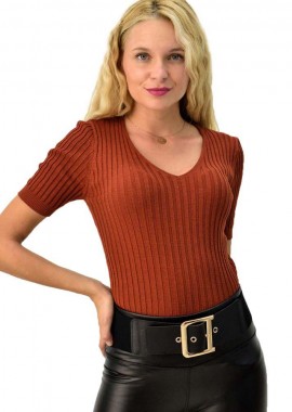 Potre OR - Κοντομάνικη πλεκτή μπλούζα ριπ με λαιμόκοψη V Κεραμιδί 3945
