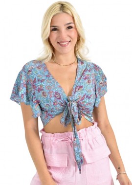 Potre OR - Κοντό Μπλουζάκι Δετό με Μανίκι Πεταλούδα Σιέλ 26600