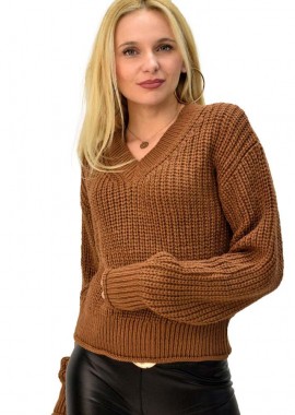 Caroon - Γυναικεία πλεκτή μπλούζα με V Καφέ 5776