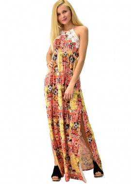 First Woman - Γυναικείο φόρεμα εμπριμέ με δαντέλα Κίτρινο 6156