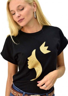 First Woman - T-shirt με τύπωμα πρόσωπο και στέμμα Μαύρο 8095