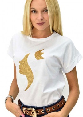 First Woman - T-shirt με τύπωμα πρόσωπο και στέμμα Λευκό 8094