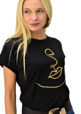 First Woman - T-shirt με τύπωμα πρόσωπο Μαύρο 8099