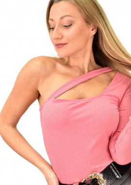 Potre OR - Γυναικεία ριπ μπλούζα με έναν ώμο Ροζ 8076