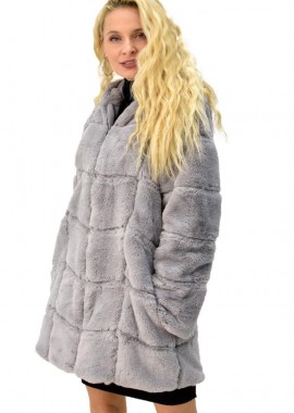 Potre OR - Γυναικείο παλτό γούνα με τετράγωνα δέρματα και κουκούλα Γκρι 8887