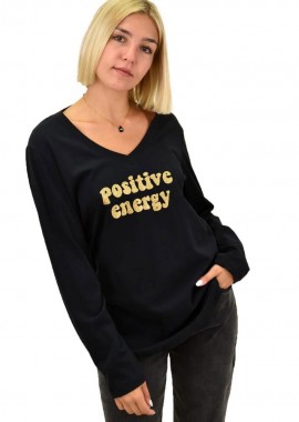 Potre OR - Βαμβακερή μακρυμάνικη μπλούζα με τύπωμα POSITIVE ENERGY Μαύρο 18175