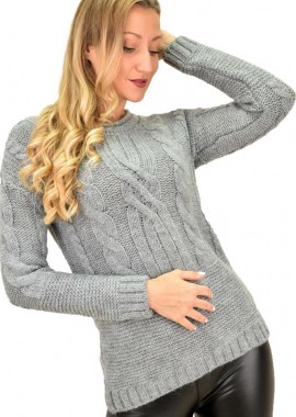 Potre OR - Γυναικείο πλεκτό πουλόβερ με σχέδιο πλεξούδες Γκρι 9155