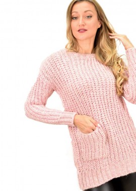 Potre OR - Γυναικέια μπλούζα με πολύχρωμη πλέξη και τσέπη Ροζ 9165