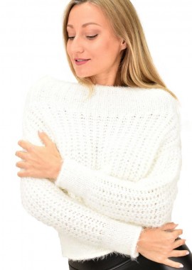 Caroon - Γυναικεία χνουδωτή πλεκτή μπλούζα τοπ Εκρού 9399