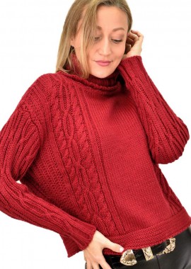 Caroon - Γυναικείο πουλόβερ ζιβάγκο με σχέδιο πλεξούδες Μπορντώ 9365